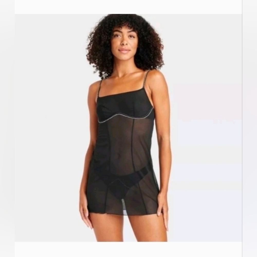 AUDEN Black Women's Rhinestone Lingerie Chemise Nightgown Dress